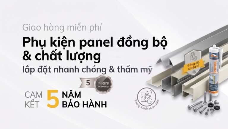 Phụ kiện panel đồng bộ gồm nhôm, silicone và vít lắp đặt